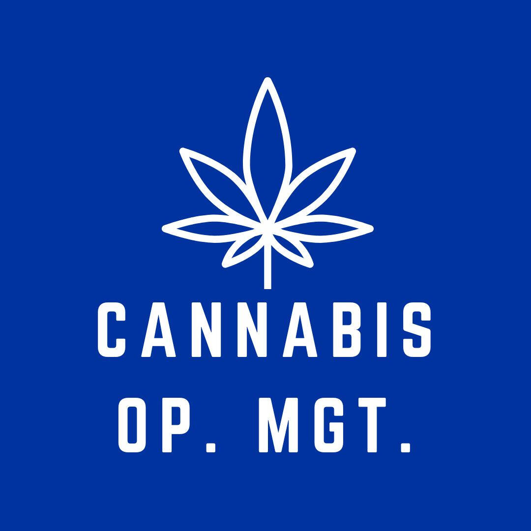 blue logo for cannabis operations management minor, image is a drawing of cannabis leaf above text that reads "cannabis op. mgt."